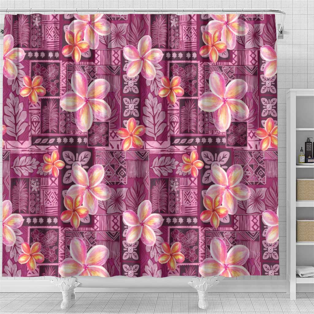Pink Hawaii Plumeria With Tropical Flowers Motifs Shower Curtain
