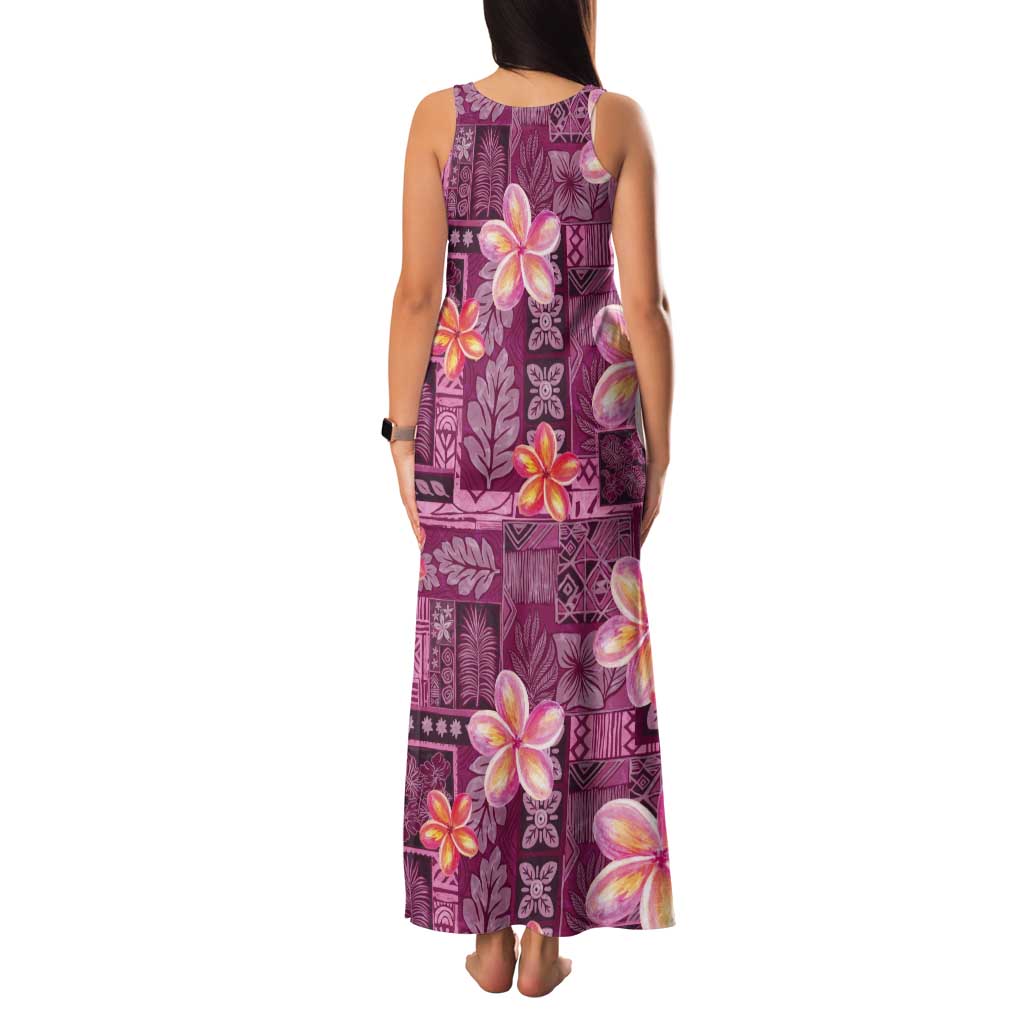 Pink Hawaii Plumeria With Tropical Flowers Motifs Tank Maxi Dress