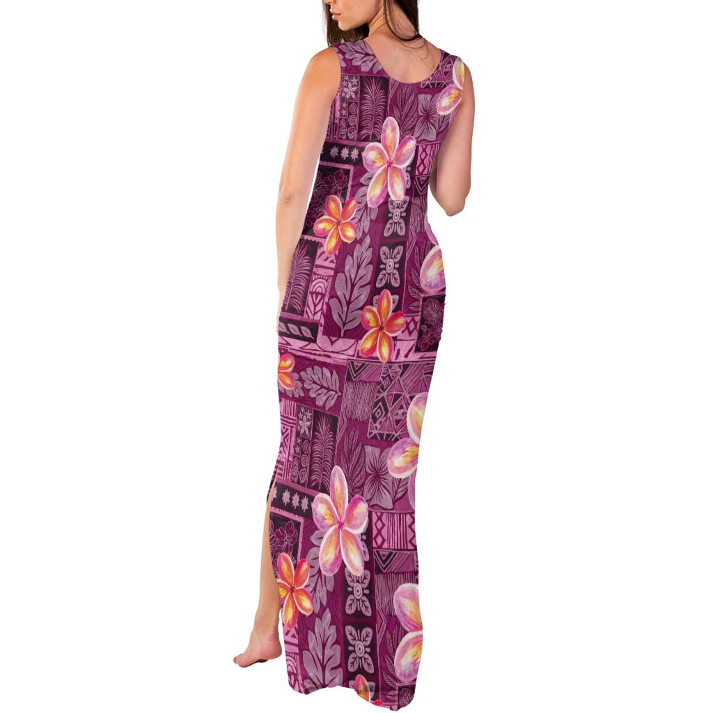 Pink Hawaii Plumeria With Tropical Flowers Motifs Tank Maxi Dress