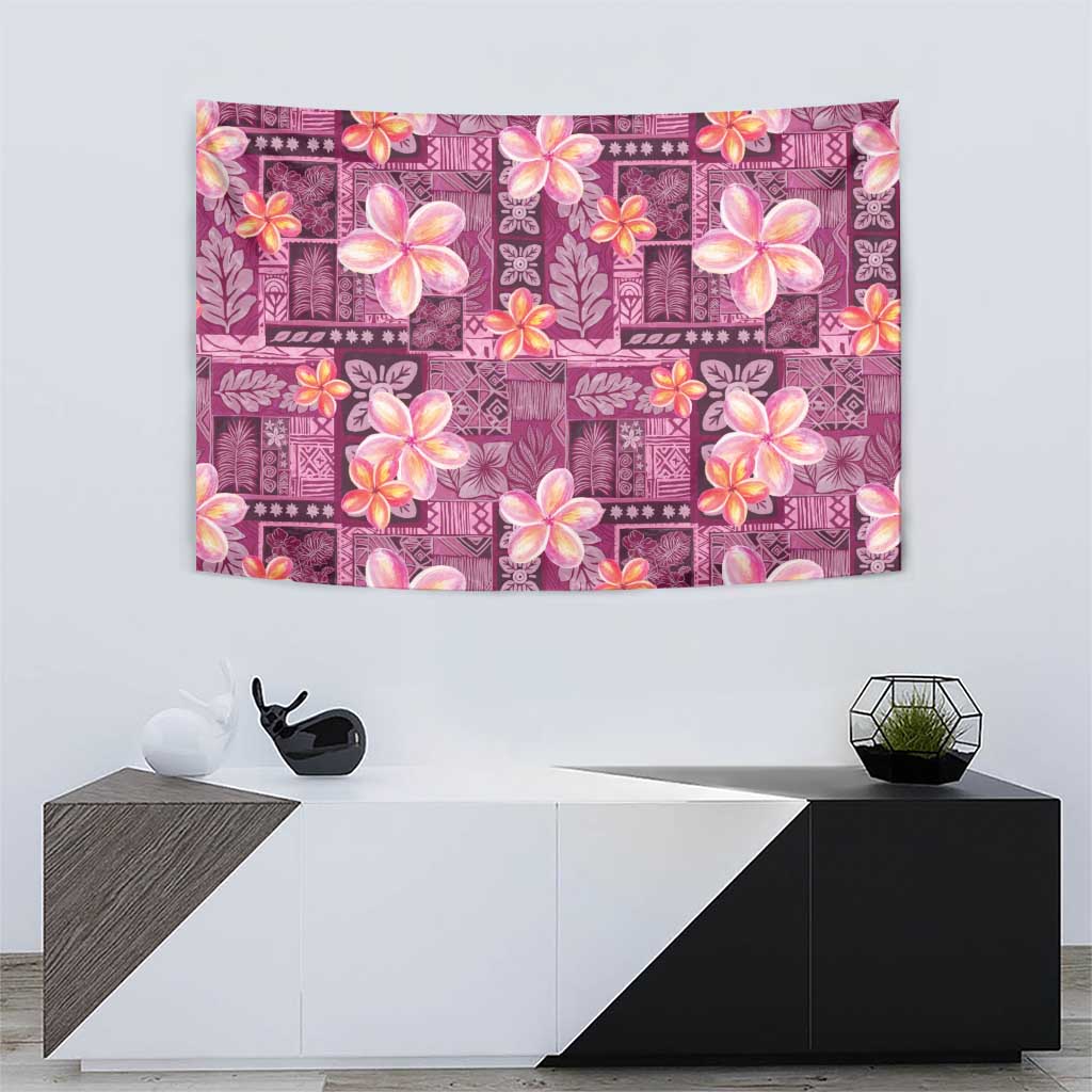 Pink Hawaii Plumeria With Tropical Flowers Motifs Tapestry