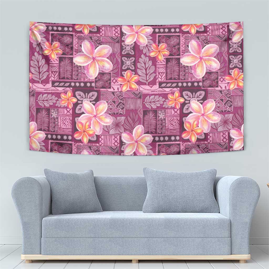 Pink Hawaii Plumeria With Tropical Flowers Motifs Tapestry