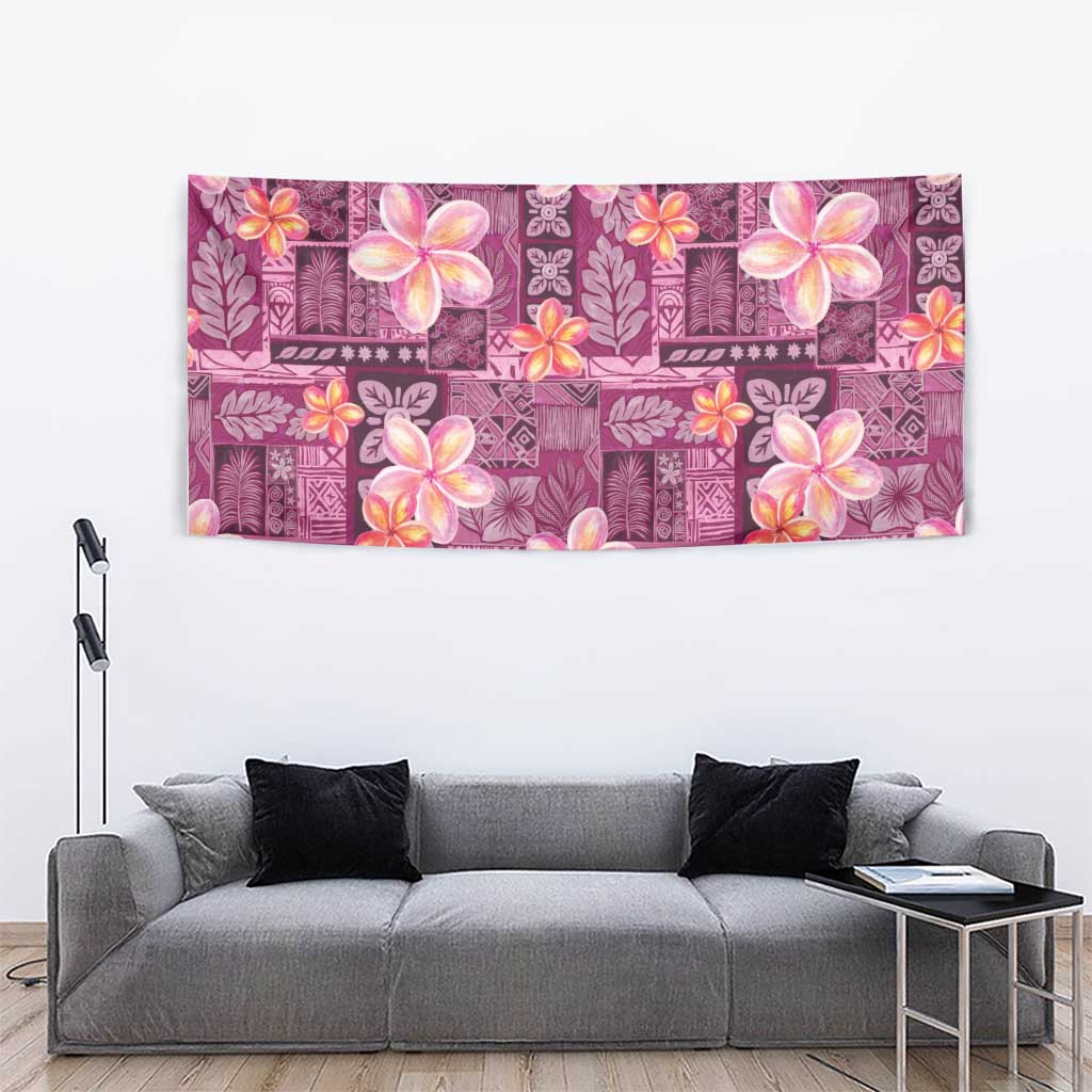 Pink Hawaii Plumeria With Tropical Flowers Motifs Tapestry