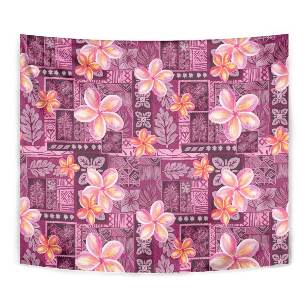 Pink Hawaii Plumeria With Tropical Flowers Motifs Tapestry