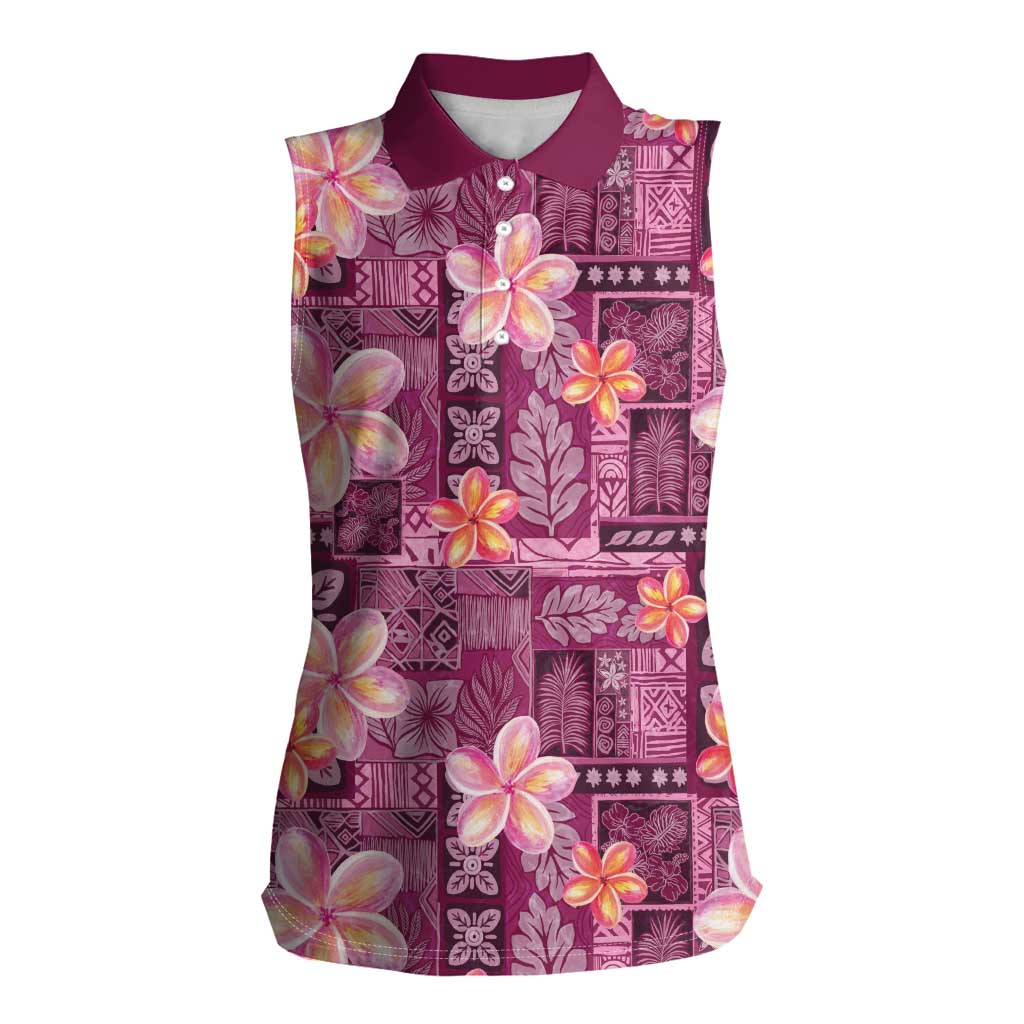 Pink Hawaii Plumeria With Tropical Flowers Motifs Women Sleeveless Polo Shirt