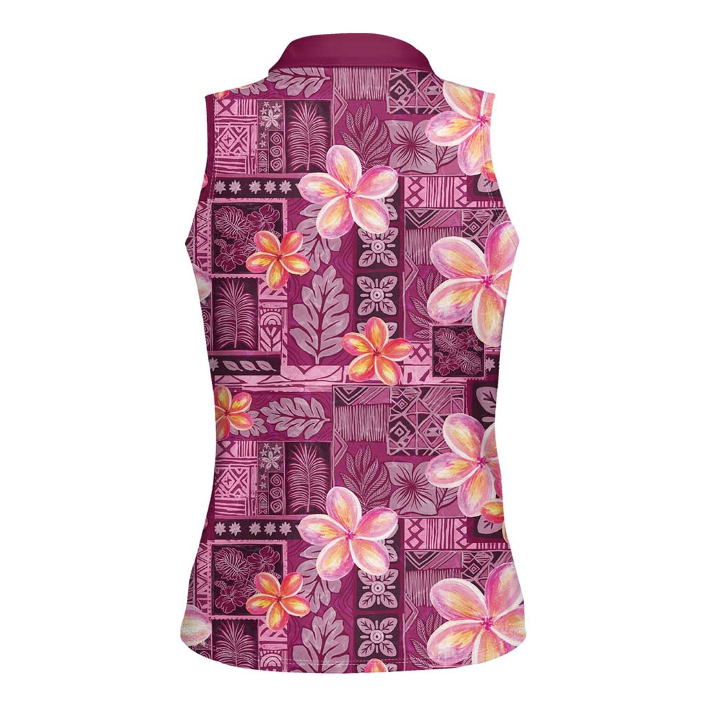 Pink Hawaii Plumeria With Tropical Flowers Motifs Women Sleeveless Polo Shirt