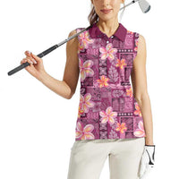 Pink Hawaii Plumeria With Tropical Flowers Motifs Women Sleeveless Polo Shirt