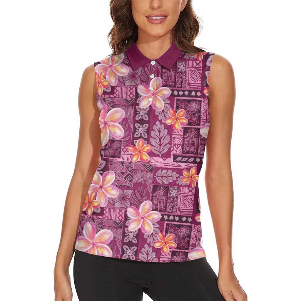 Pink Hawaii Plumeria With Tropical Flowers Motifs Women Sleeveless Polo Shirt
