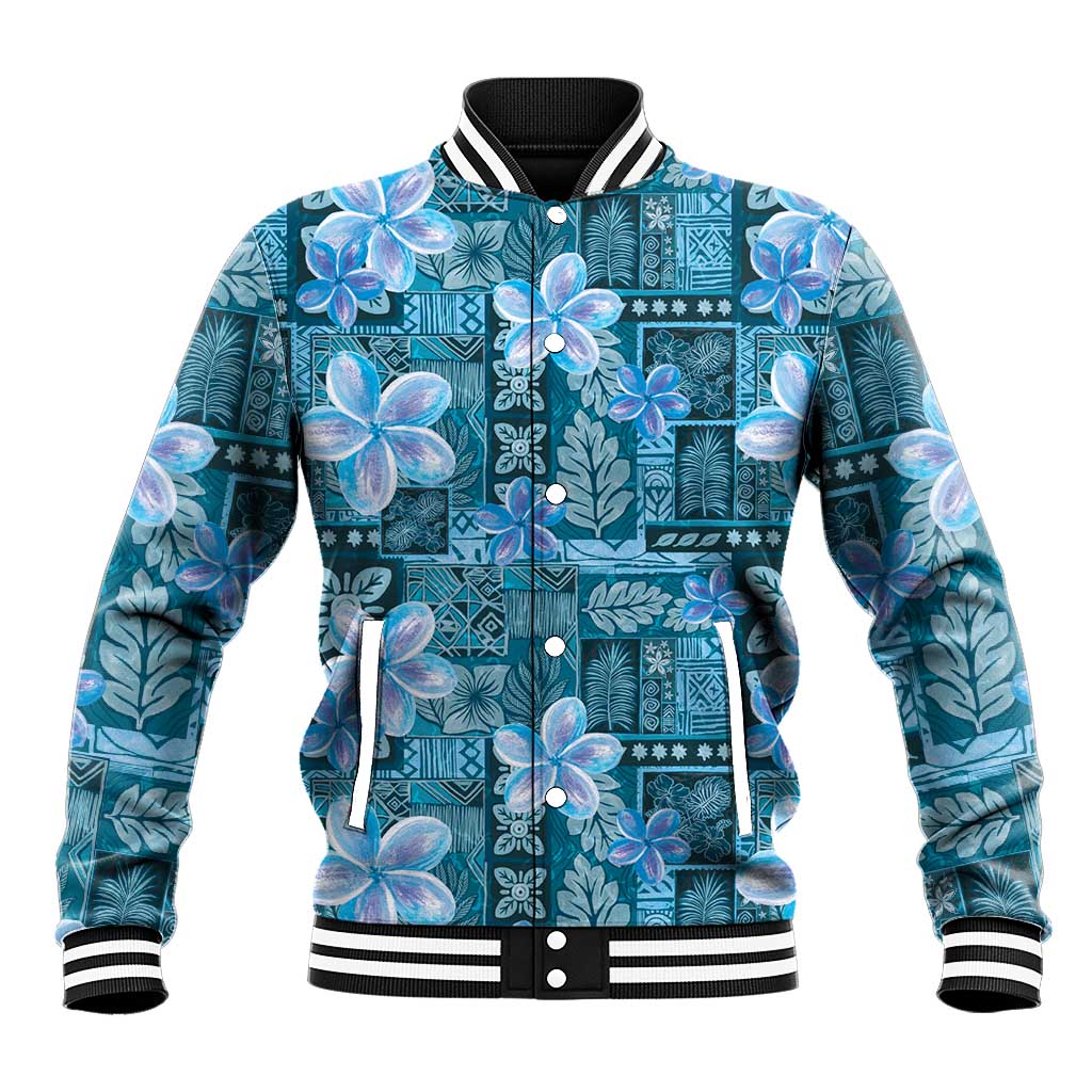 Cyan Hawaii Plumeria With Tropical Flowers Motifs Baseball Jacket LT14 Unisex Cyan - Polynesian Pride