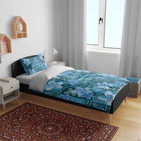 Cyan Hawaii Plumeria With Tropical Flowers Motifs Bedding Set