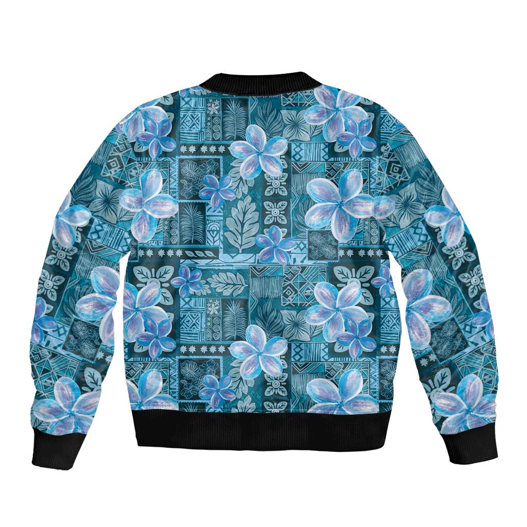 Cyan Hawaii Plumeria With Tropical Flowers Motifs Bomber Jacket