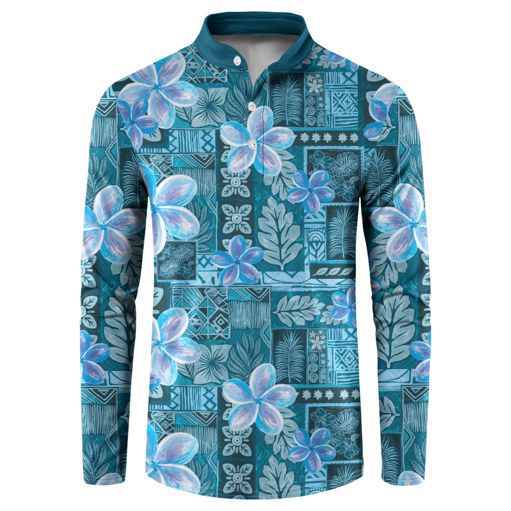 Cyan Hawaii Plumeria With Tropical Flowers Motifs Button Sweatshirt LT14 Cyan - Polynesian Pride