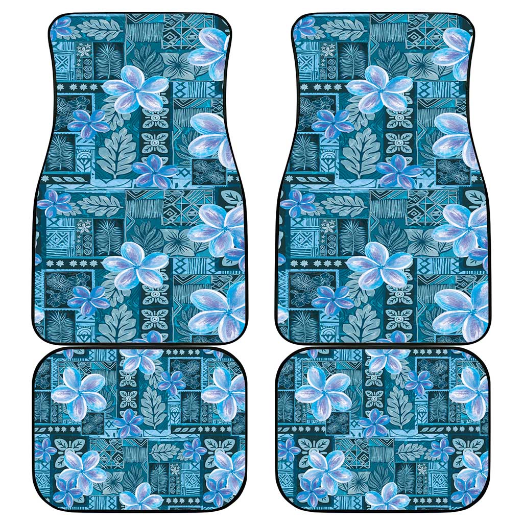 Cyan Hawaii Plumeria With Tropical Flowers Motifs Car Mats