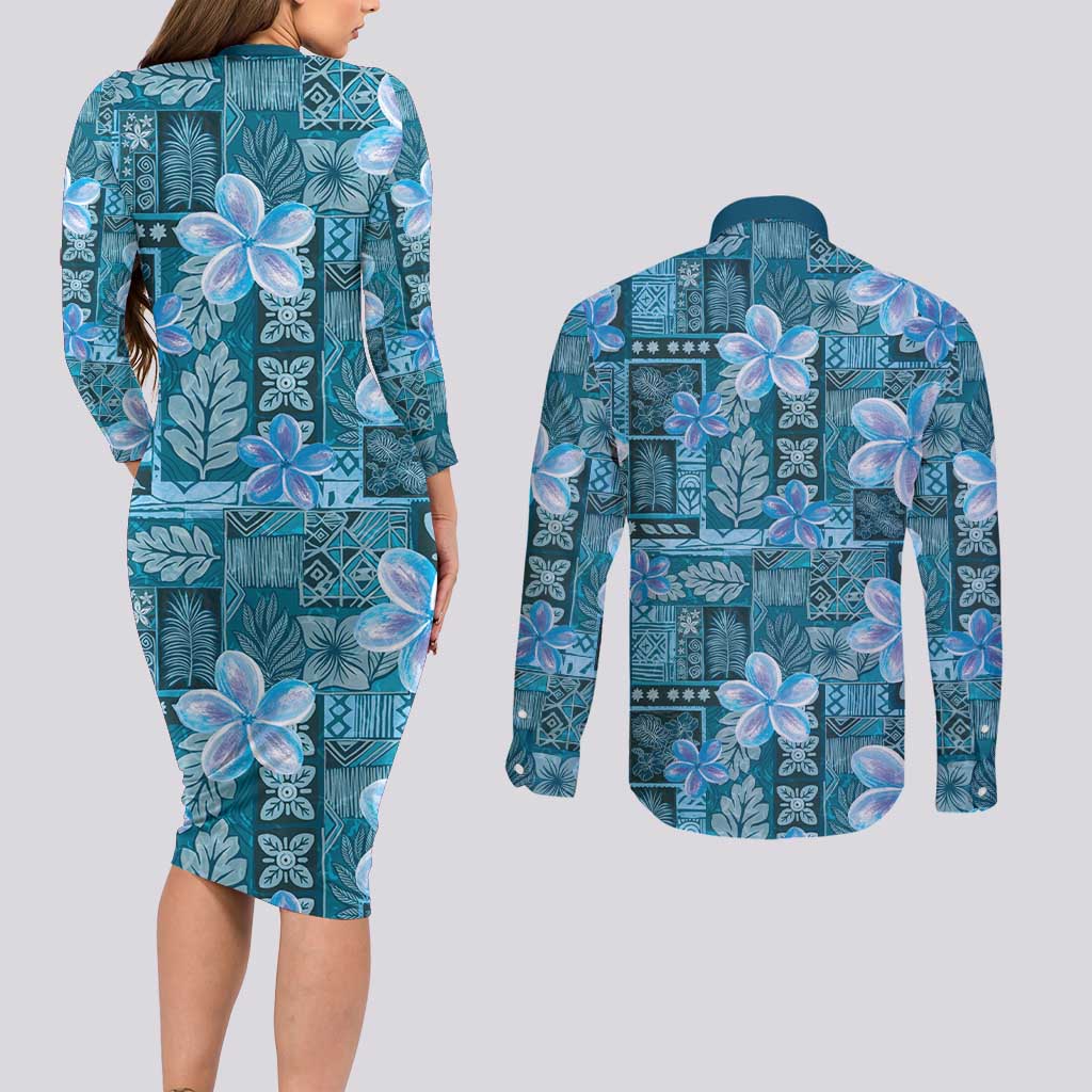 Cyan Hawaii Plumeria With Tropical Flowers Motifs Couples Matching Long Sleeve Bodycon Dress and Long Sleeve Button Shirt
