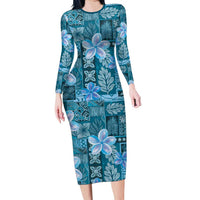 Cyan Hawaii Plumeria With Tropical Flowers Motifs Family Matching Long Sleeve Bodycon Dress and Hawaiian Shirt