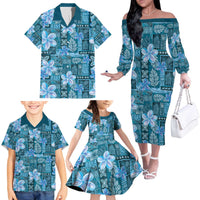 Cyan Hawaii Plumeria With Tropical Flowers Motifs Family Matching Off The Shoulder Long Sleeve Dress and Hawaiian Shirt