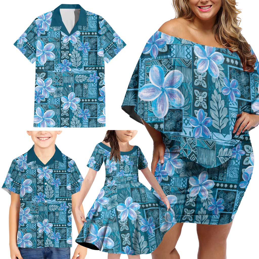 Cyan Hawaii Plumeria With Tropical Flowers Motifs Family Matching Off Shoulder Short Dress and Hawaiian Shirt