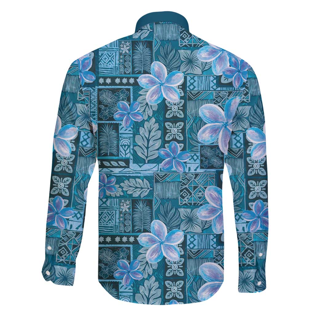 Cyan Hawaii Plumeria With Tropical Flowers Motifs Family Matching Off Shoulder Short Dress and Hawaiian Shirt