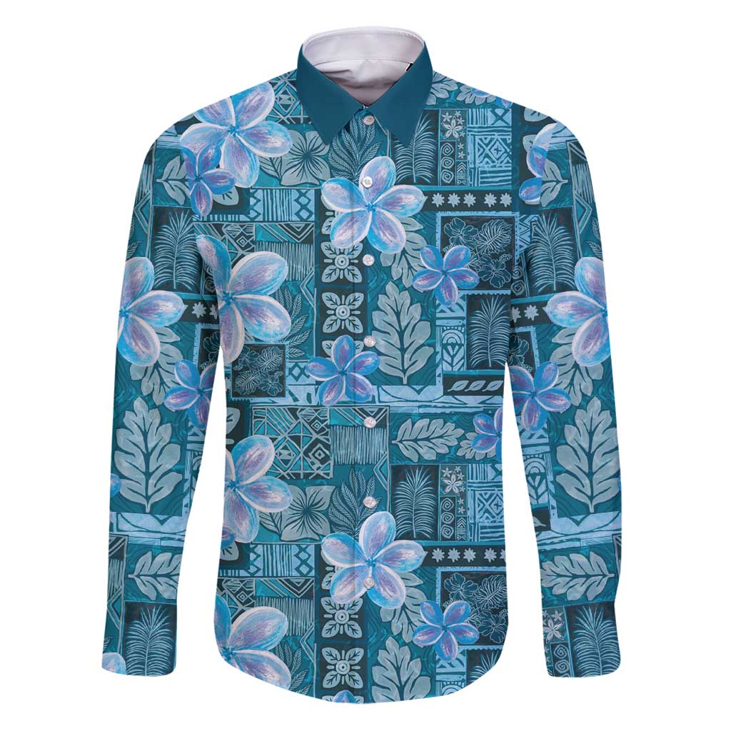 Cyan Hawaii Plumeria With Tropical Flowers Motifs Family Matching Puletasi and Hawaiian Shirt