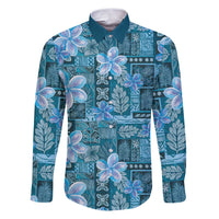 Cyan Hawaii Plumeria With Tropical Flowers Motifs Family Matching Puletasi and Hawaiian Shirt