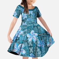 Cyan Hawaii Plumeria With Tropical Flowers Motifs Family Matching Short Sleeve Bodycon Dress and Hawaiian Shirt