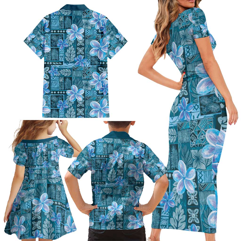 Cyan Hawaii Plumeria With Tropical Flowers Motifs Family Matching Short Sleeve Bodycon Dress and Hawaiian Shirt