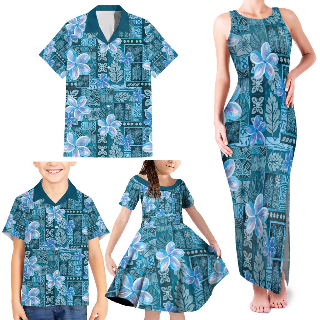 Cyan Hawaii Plumeria With Tropical Flowers Motifs Family Matching Tank Maxi Dress and Hawaiian Shirt
