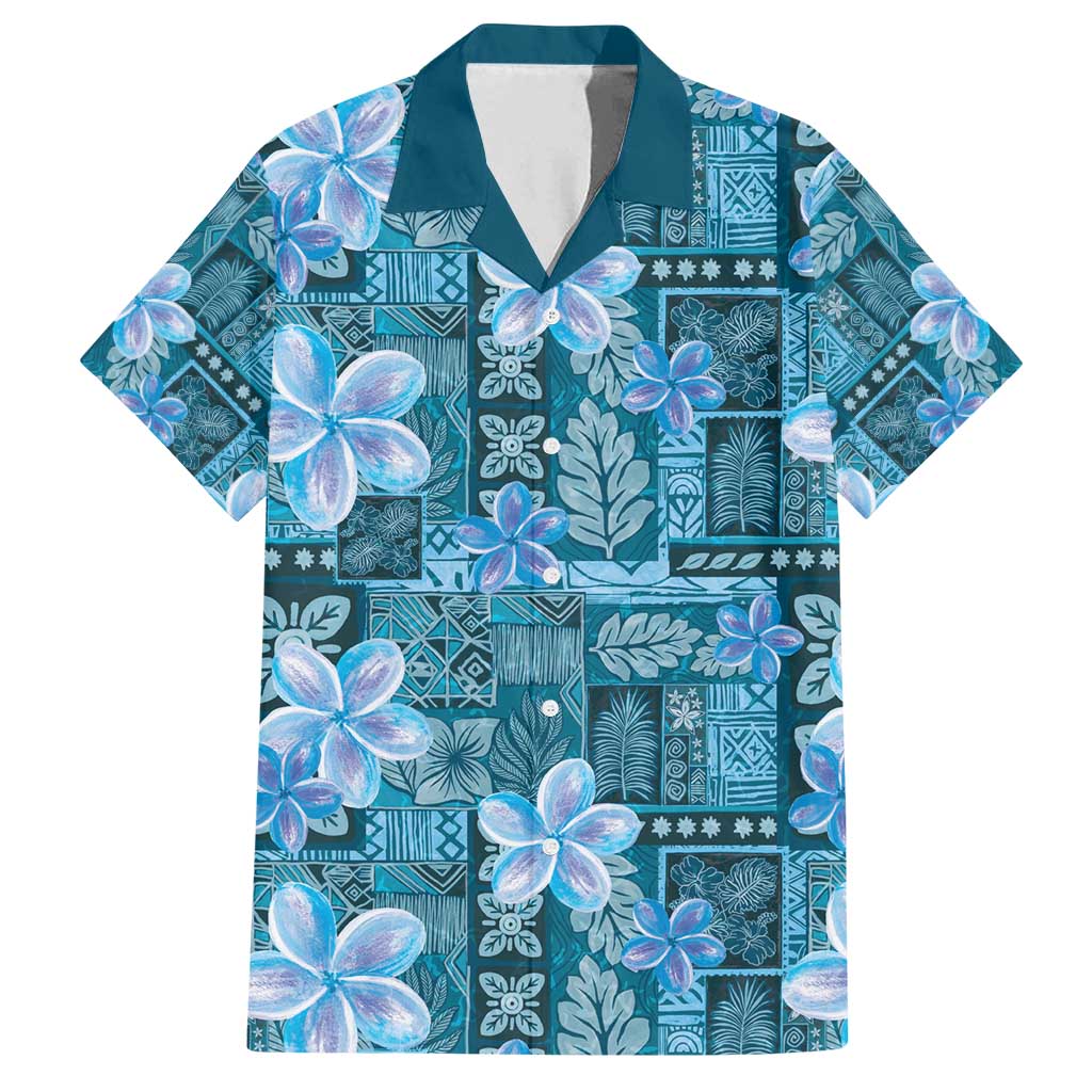 Cyan Hawaii Plumeria With Tropical Flowers Motifs Family Matching Tank Maxi Dress and Hawaiian Shirt