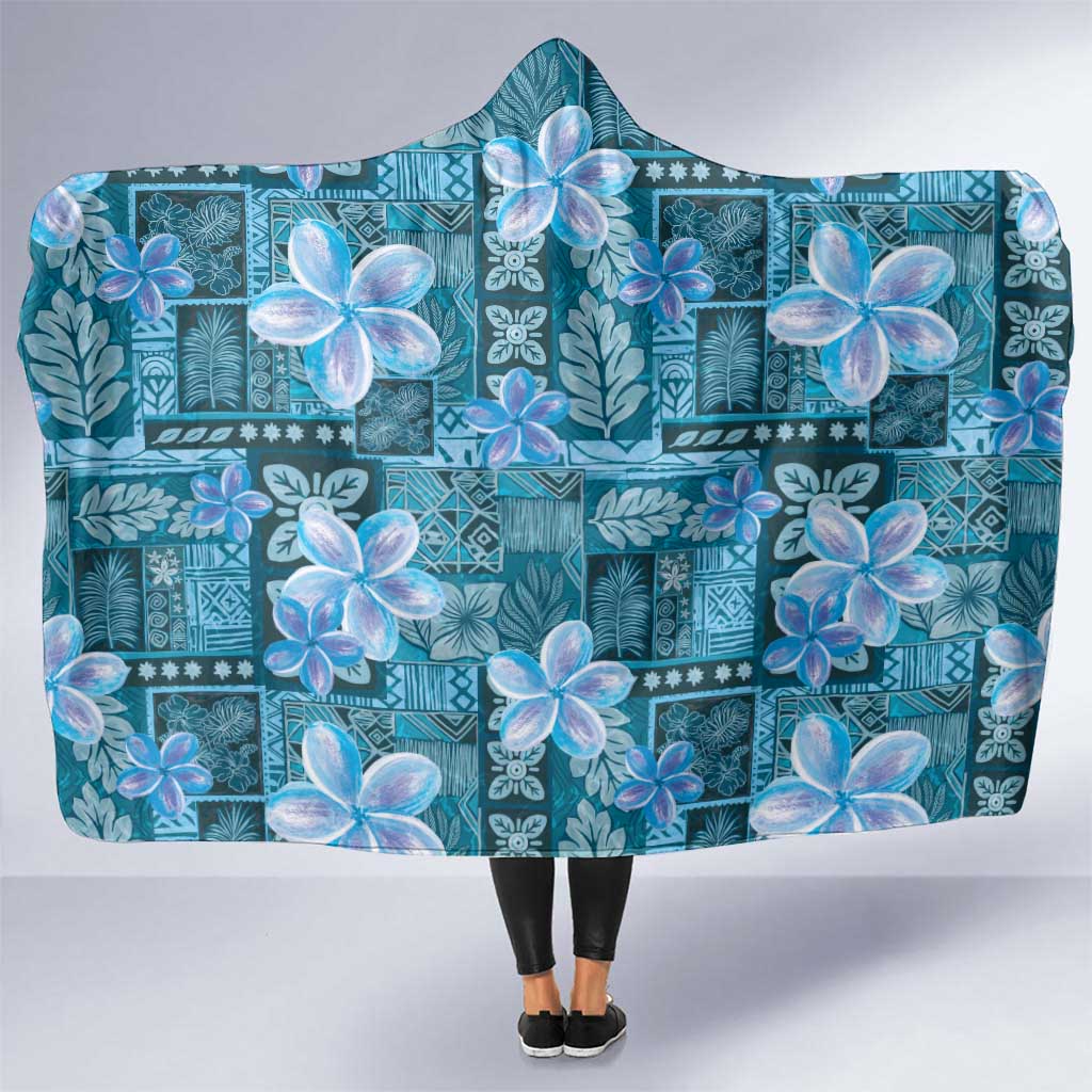 Cyan Hawaii Plumeria With Tropical Flowers Motifs Hooded Blanket LT14 One Size Cyan - Polynesian Pride