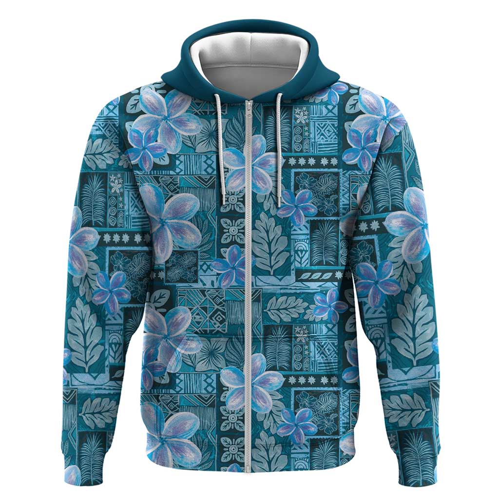 Cyan Hawaii Plumeria With Tropical Flowers Motifs Hoodie