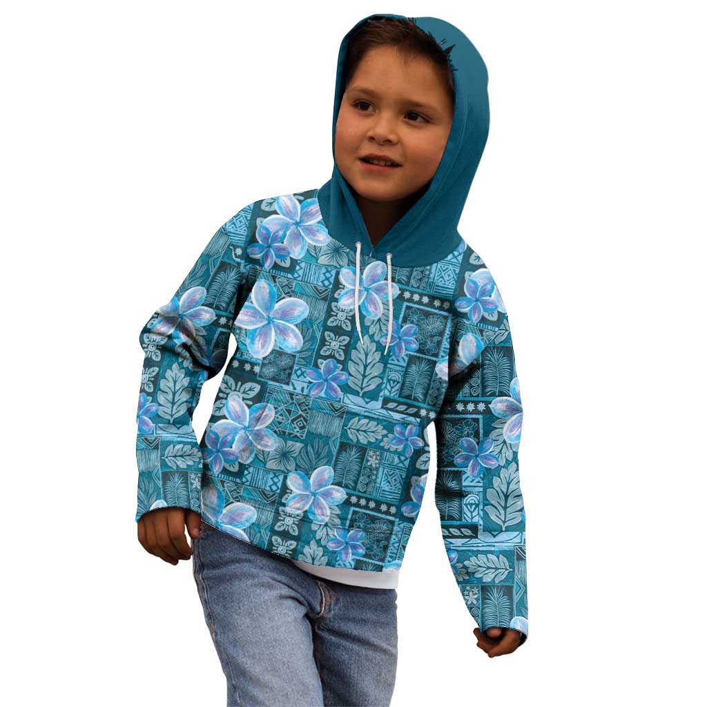 Cyan Hawaii Plumeria With Tropical Flowers Motifs Kid Hoodie