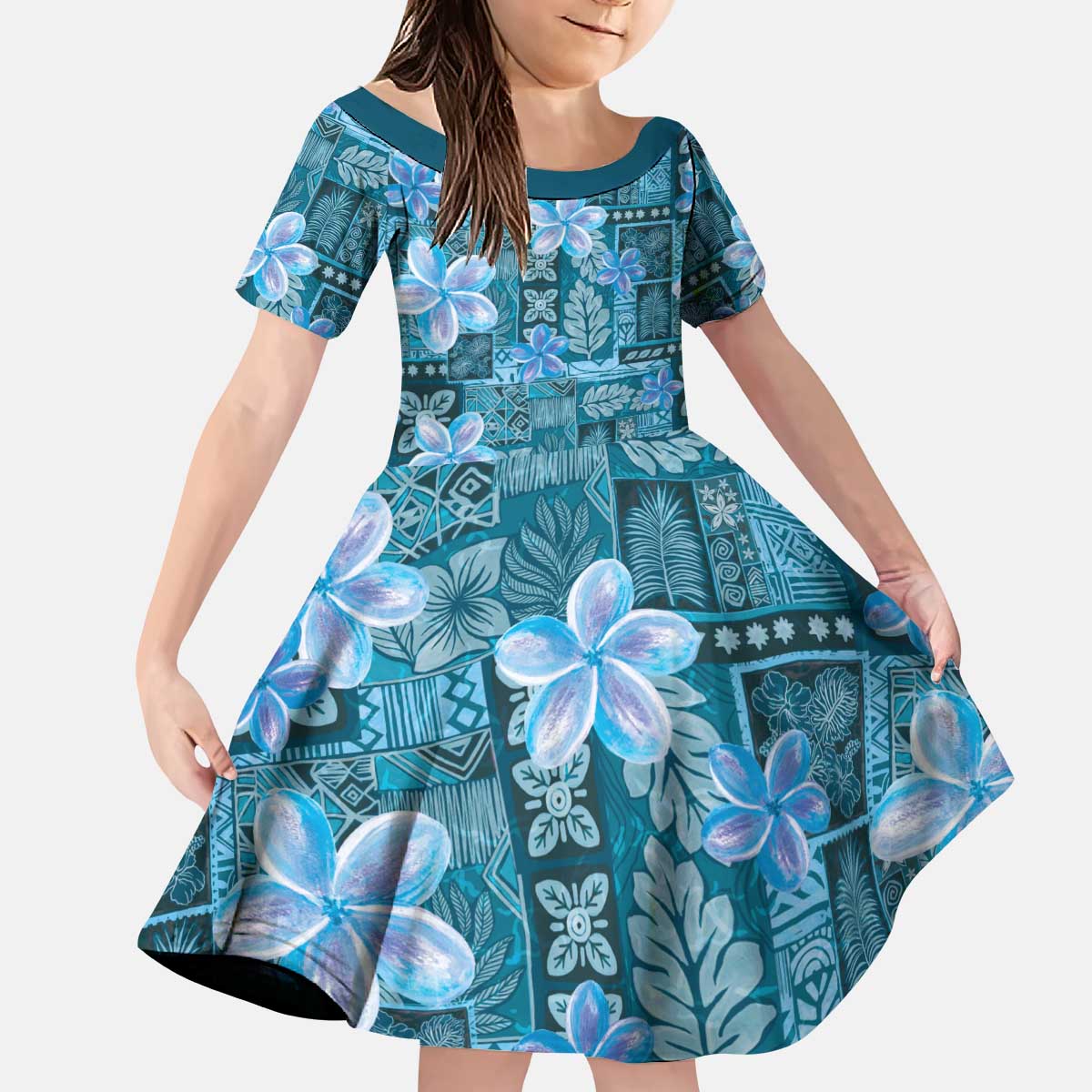 Cyan Hawaii Plumeria With Tropical Flowers Motifs Kid Short Sleeve Dress LT14 KID Cyan - Polynesian Pride