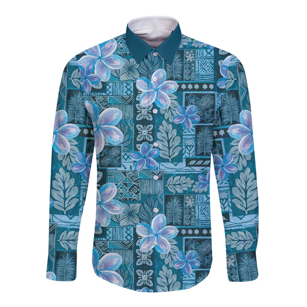 Cyan Hawaii Plumeria With Tropical Flowers Motifs Long Sleeve Button Shirt LT14 Unisex Cyan - Polynesian Pride