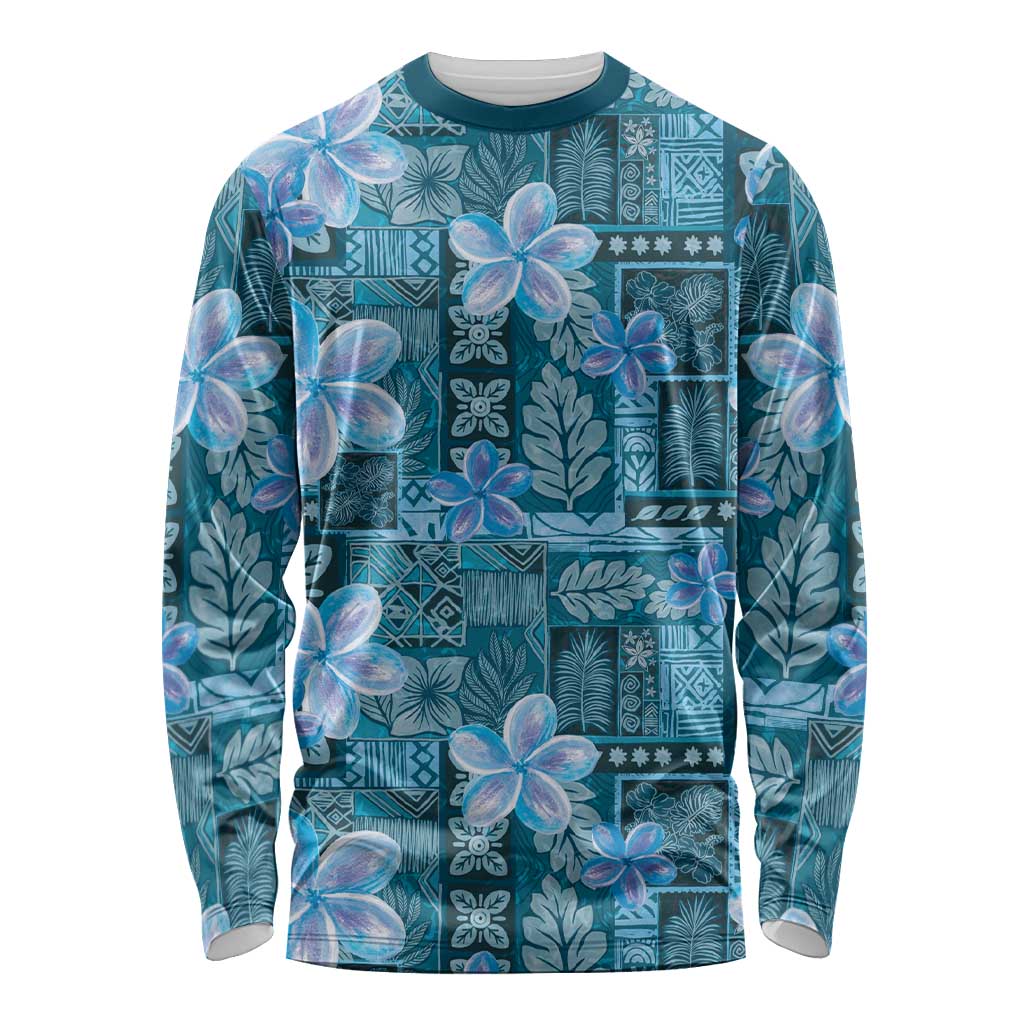 Cyan Hawaii Plumeria With Tropical Flowers Motifs Long Sleeve Shirt LT14 Unisex Cyan - Polynesian Pride