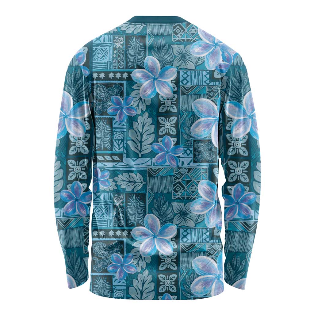 Cyan Hawaii Plumeria With Tropical Flowers Motifs Long Sleeve Shirt LT14 - Polynesian Pride