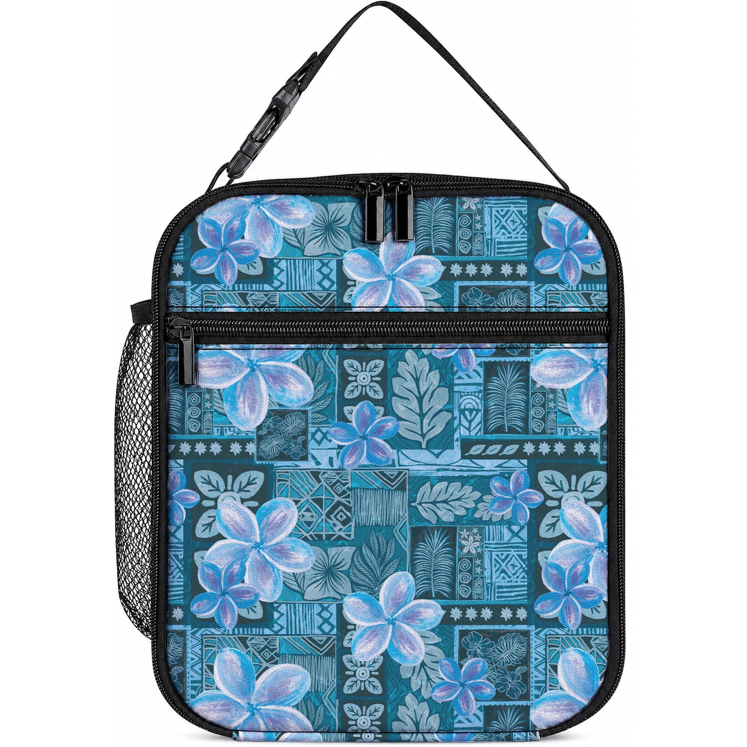 Cyan Hawaii Plumeria With Tropical Flowers Motifs Lunch Bag LT14 10.2 × 8.3 × 4.3 inch Cyan - Polynesian Pride