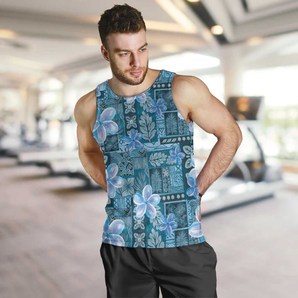 Cyan Hawaii Plumeria With Tropical Flowers Motifs Men Tank Top LT14 Cyan - Polynesian Pride