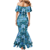 Cyan Hawaii Plumeria With Tropical Flowers Motifs Mermaid Dress