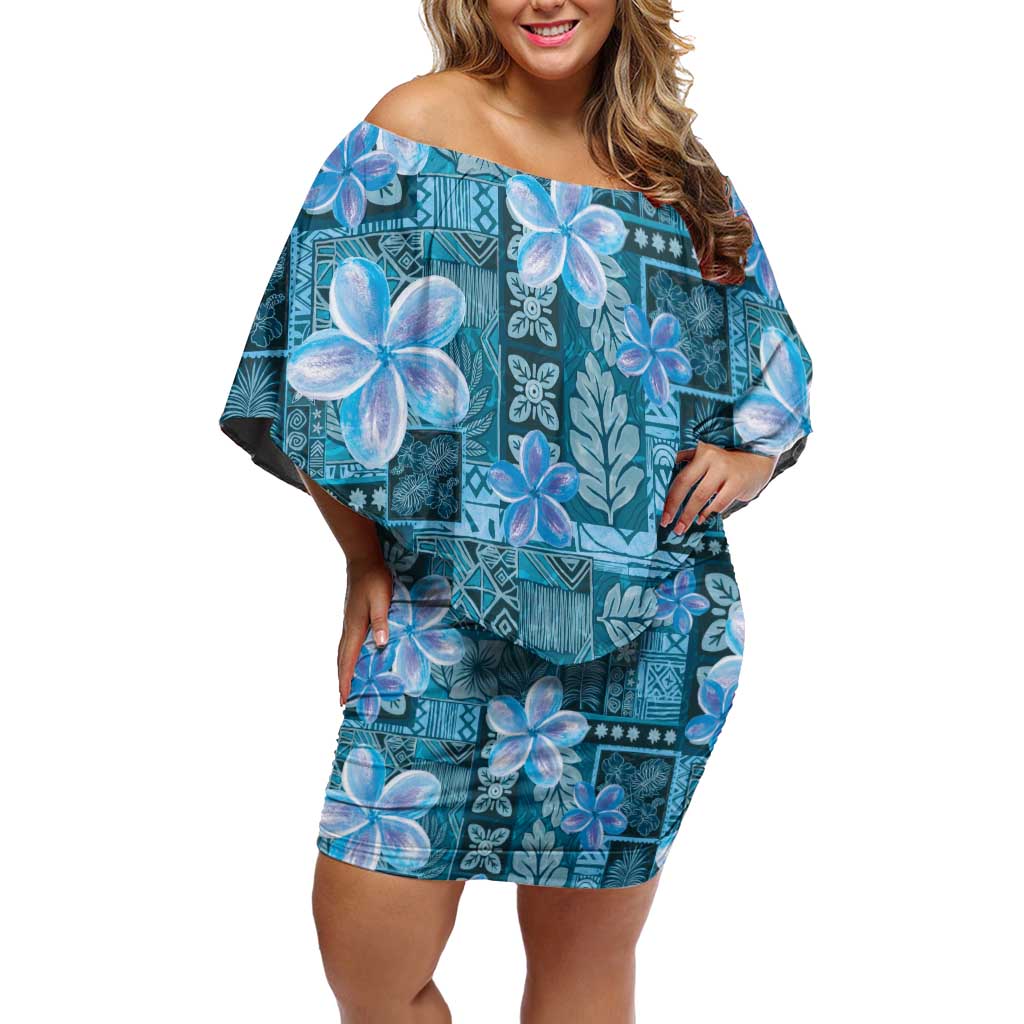 Cyan Hawaii Plumeria With Tropical Flowers Motifs Off Shoulder Short Dress