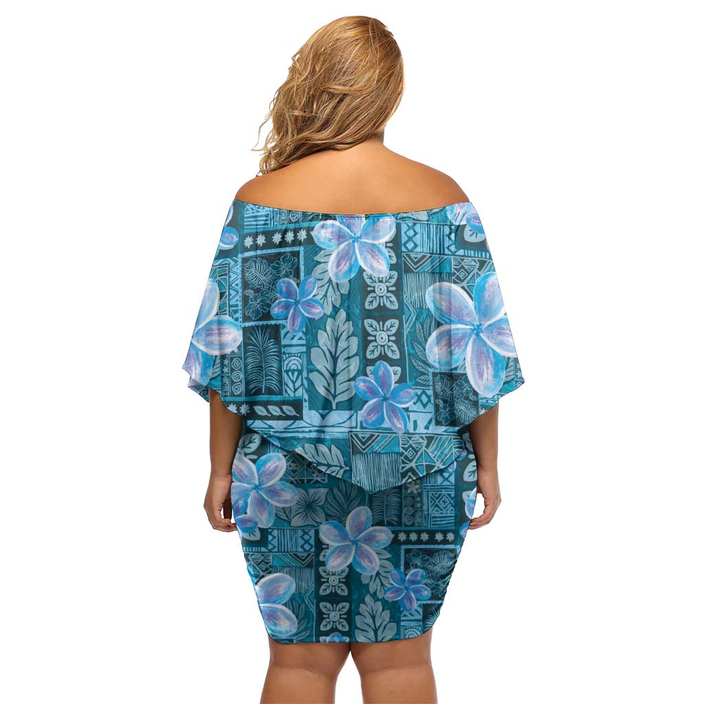 Cyan Hawaii Plumeria With Tropical Flowers Motifs Off Shoulder Short Dress