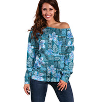 Cyan Hawaii Plumeria With Tropical Flowers Motifs Off Shoulder Sweater