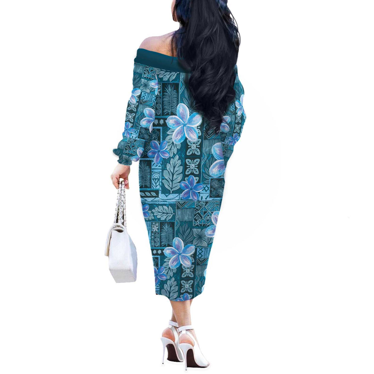 Cyan Hawaii Plumeria With Tropical Flowers Motifs Off The Shoulder Long Sleeve Dress