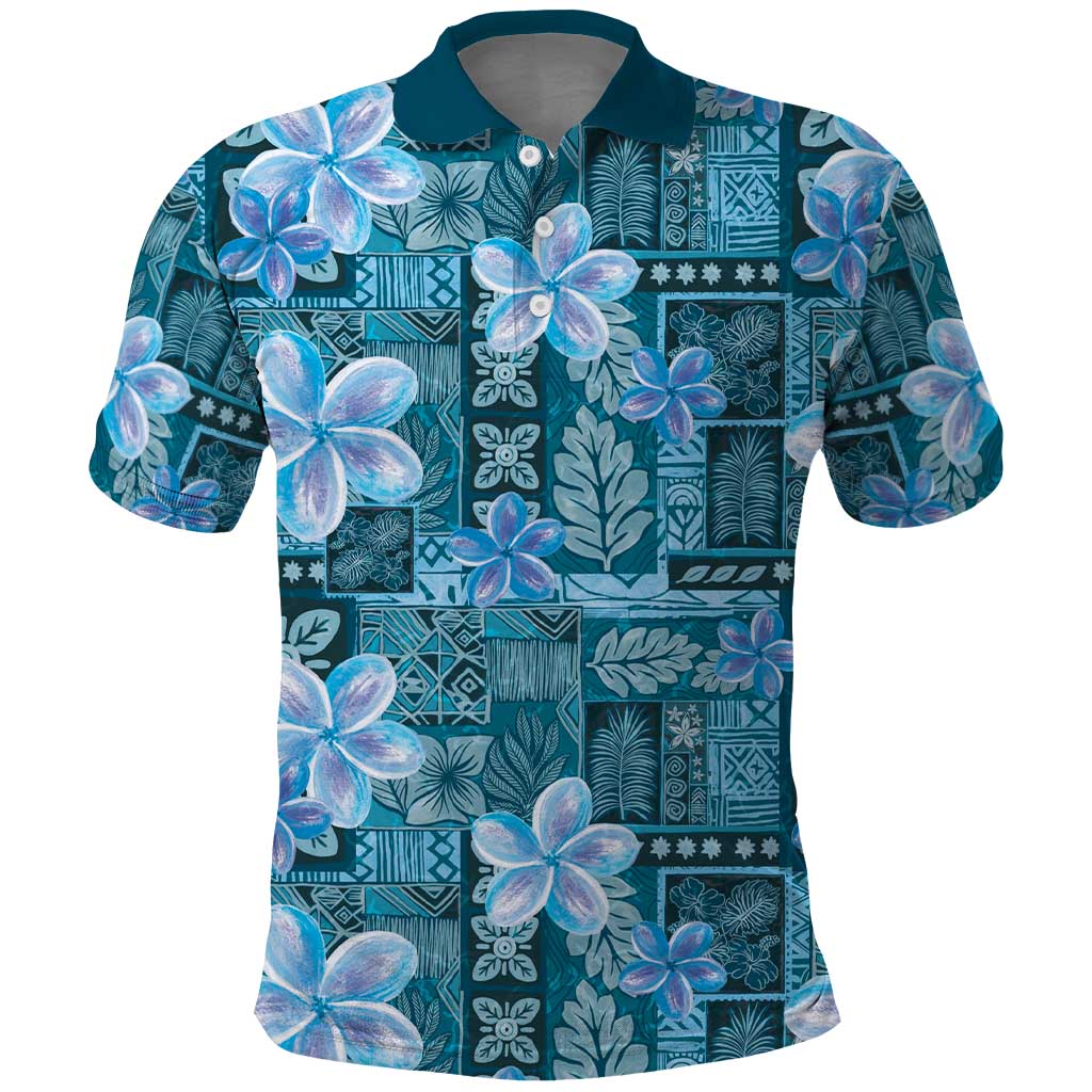 Cyan Hawaii Plumeria With Tropical Flowers Motifs Polo Shirt