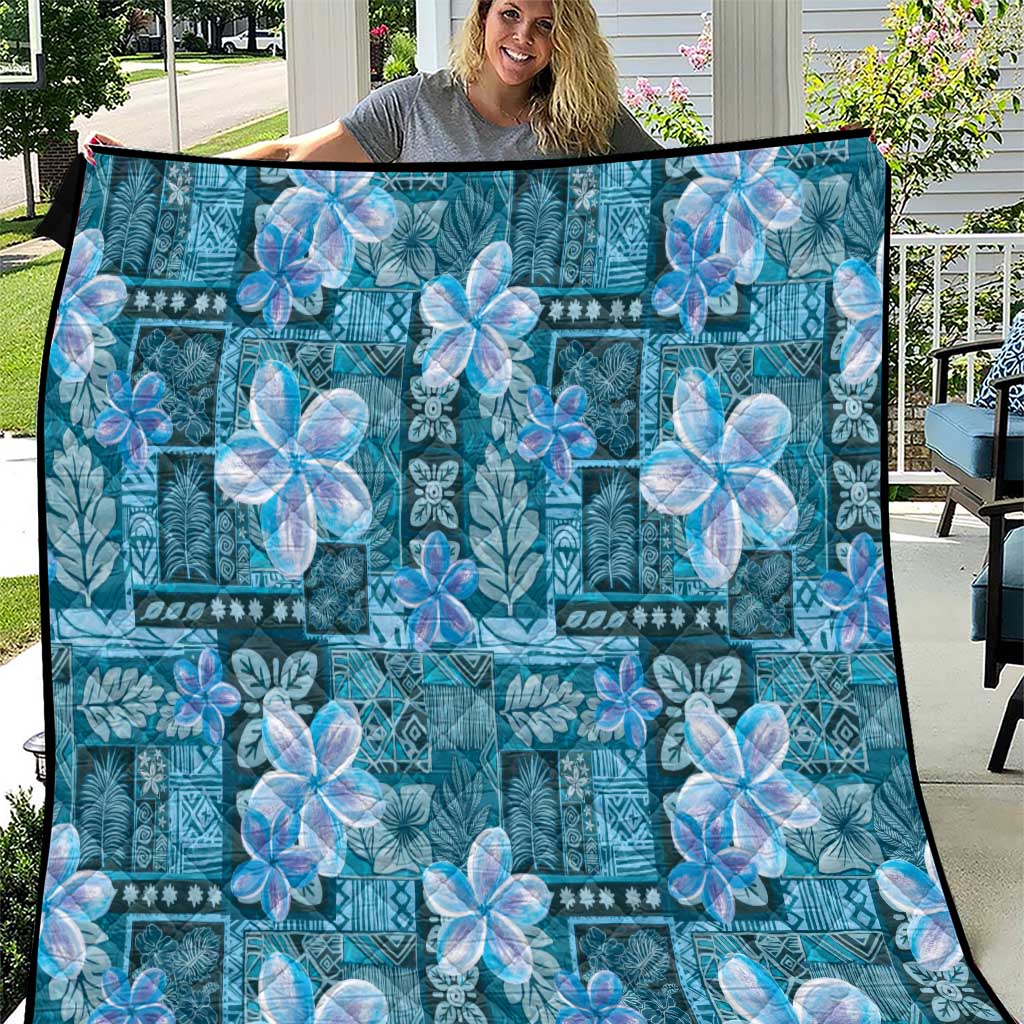 Cyan Hawaii Plumeria With Tropical Flowers Motifs Quilt