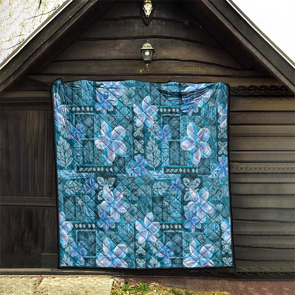 Cyan Hawaii Plumeria With Tropical Flowers Motifs Quilt