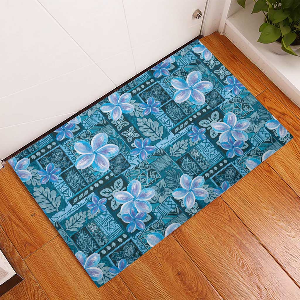 Cyan Hawaii Plumeria With Tropical Flowers Motifs Rubber Doormat LT14 - Polynesian Pride