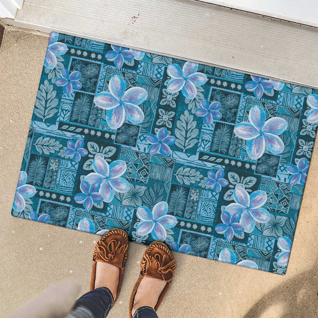 Cyan Hawaii Plumeria With Tropical Flowers Motifs Rubber Doormat LT14 - Polynesian Pride