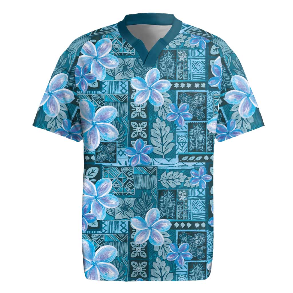 Cyan Hawaii Plumeria With Tropical Flowers Motifs Rugby Jersey