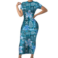 Cyan Hawaii Plumeria With Tropical Flowers Motifs Short Sleeve Bodycon Dress