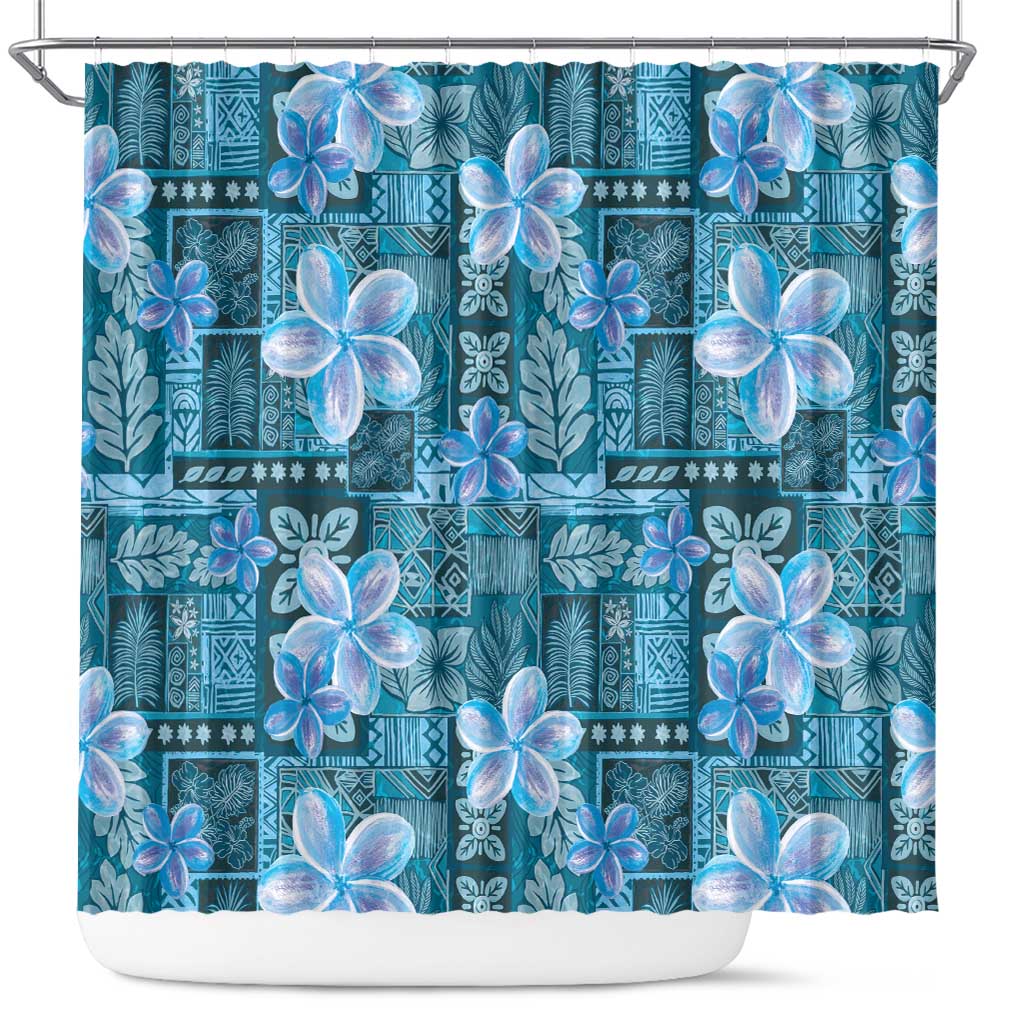 Cyan Hawaii Plumeria With Tropical Flowers Motifs Shower Curtain