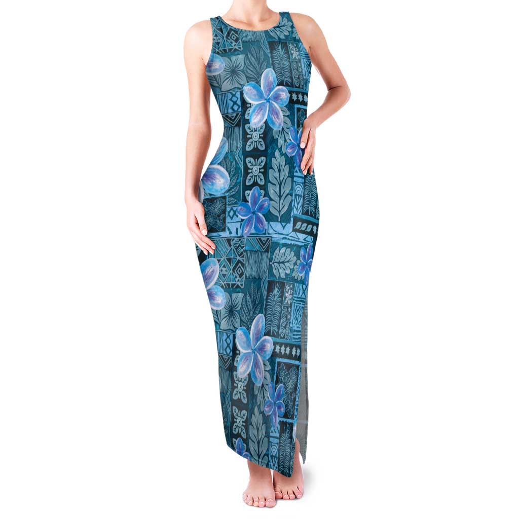 Cyan Hawaii Plumeria With Tropical Flowers Motifs Tank Maxi Dress
